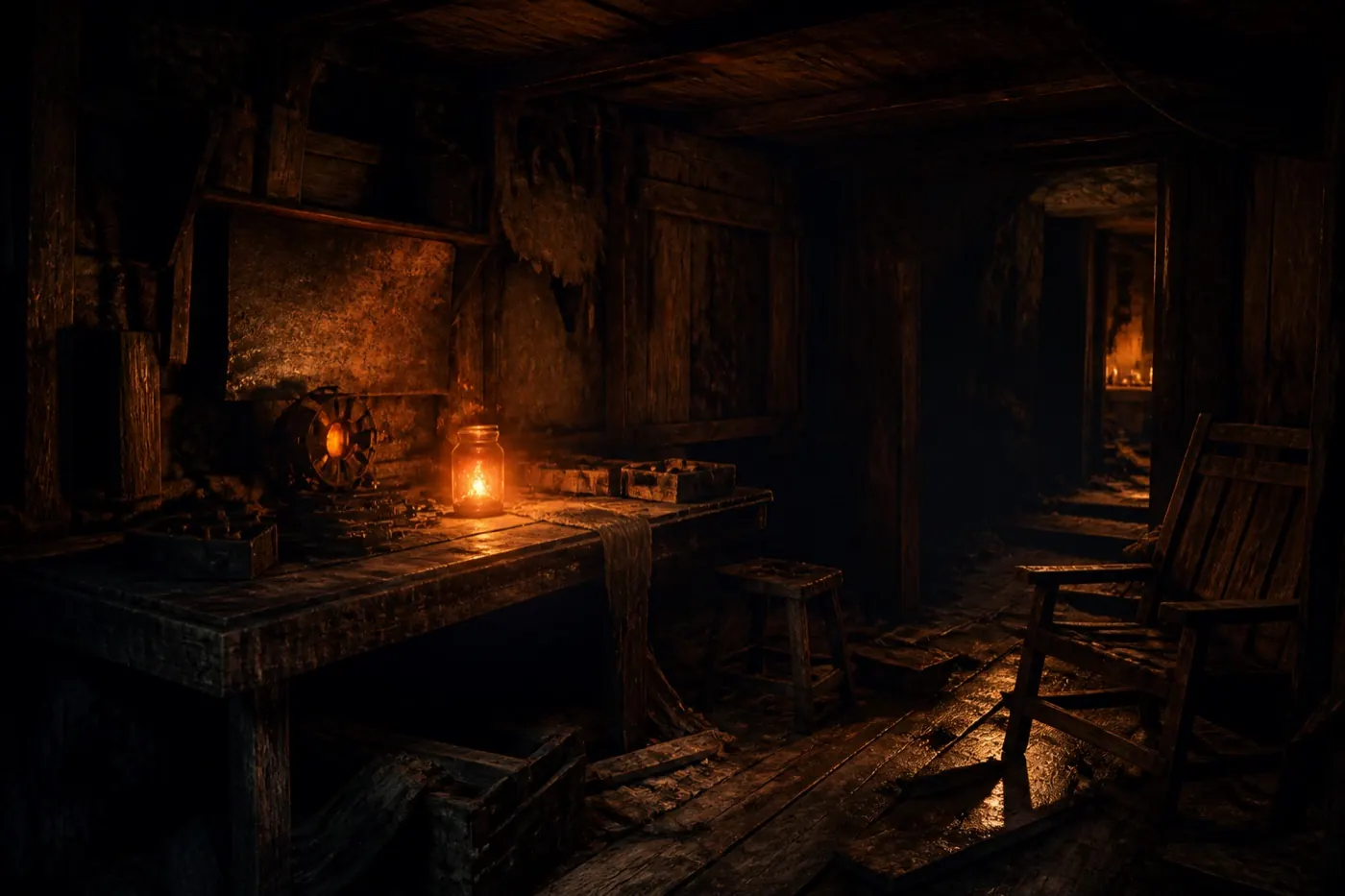 Original dark outpost workbench with a glowing ember and salvage